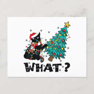 WAT Een Grappige Zwarte Kat Kerstman Duwt Kerstboo Feestdagenkaart