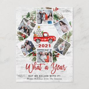 Wat een jaar kerstrood Boerderij Truck 6 Foto Feestdagenkaart