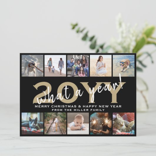 Wat een Jaar Modern 10 Fotocollage Zwart en Goud Feestdagenkaart (Staand voorkant)