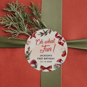 Wat een leuk kerstfeest eerste verjaardag ronde sticker