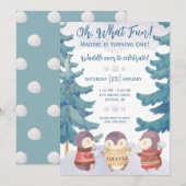 Wat een plezier! Penguin Snowball Fight Birthday Kaart (Voorkant / Achterkant)