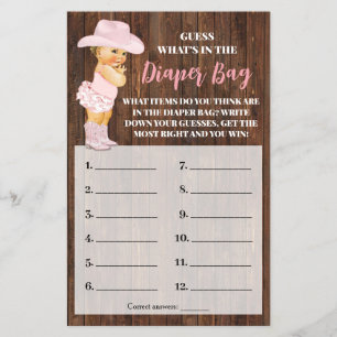 Wat in de luiertas Cowgirl Baby shower Game Kaart