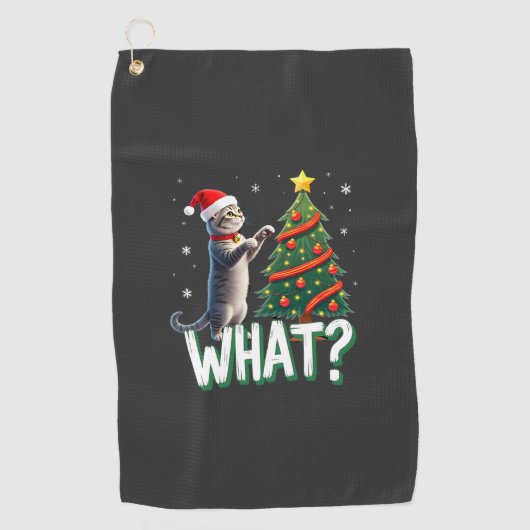 Wat is die grappige kat die kerstboom omver duwt K Golfhanddoek (Voorkant)