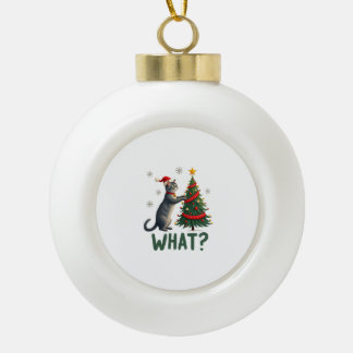 Wat is een grappige kat die een kerstboom omver du keramische bal ornament
