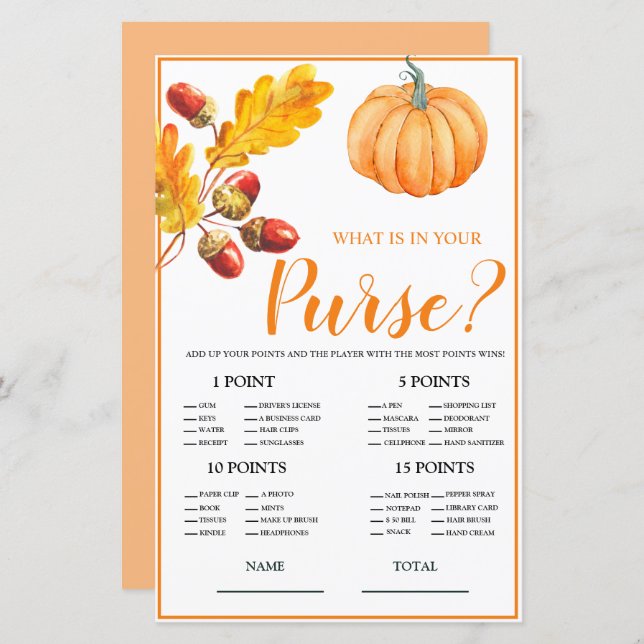 Wat is er in Purse Herfst Pumpkin Bridal Game (Voorkant / Achterkant)
