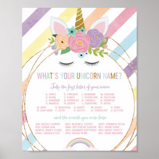 Wat is je Unicorn Name Sign Birthday Party Poster
