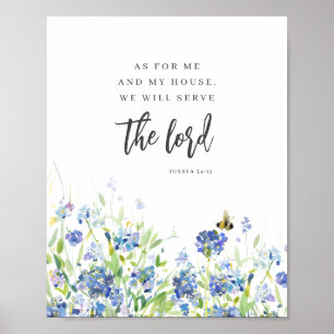 Wat mij en mijn huis betreft, moderne blauwe bloem poster
