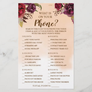 Wat staat er op je Phone Burgundy Shower Game Kaar Flyer