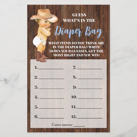 Wat zit er in de luiertas Cowboy Baby shower Game Flyer (Voorkant)