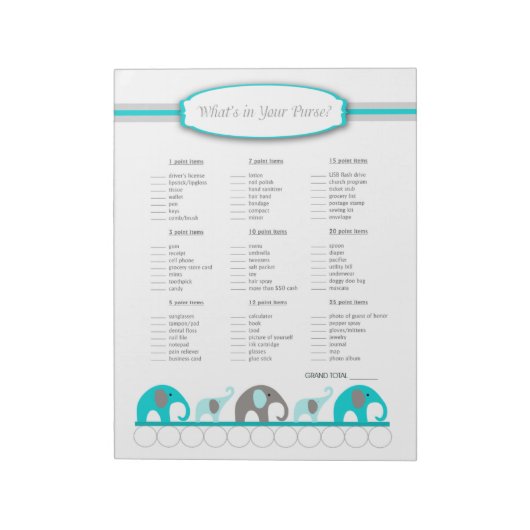 Wat zit er in je handtas Elephant Baby shower Game Notitieblok (Gedraaid)