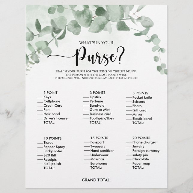 Wat zit er in je Purse Eucalyptus Vrijgezellenfees (Voorkant)