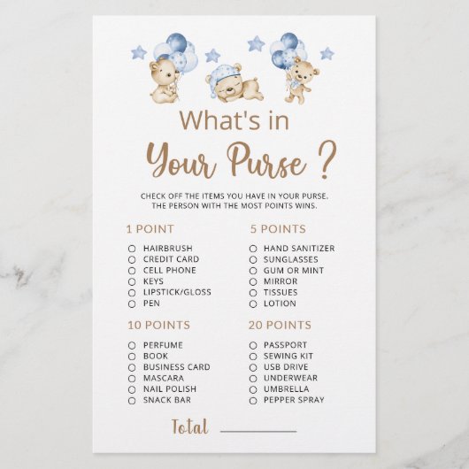 Wat zit er in je tas Teddy Bear Boy Baby shower (Voorkant)