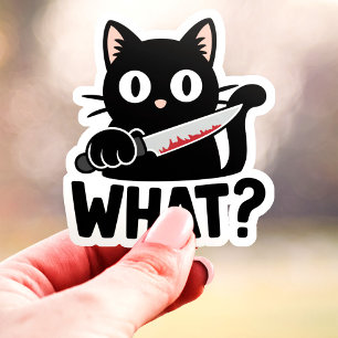 Wat? Zwarte kat met mes Funny Vinyl Sticker