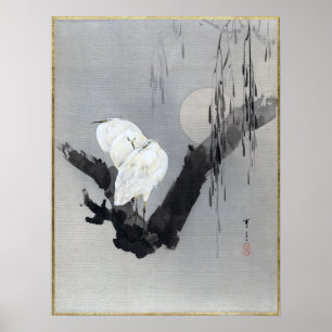 Watanabe Seitei Egrets in een boom bij nacht Poster