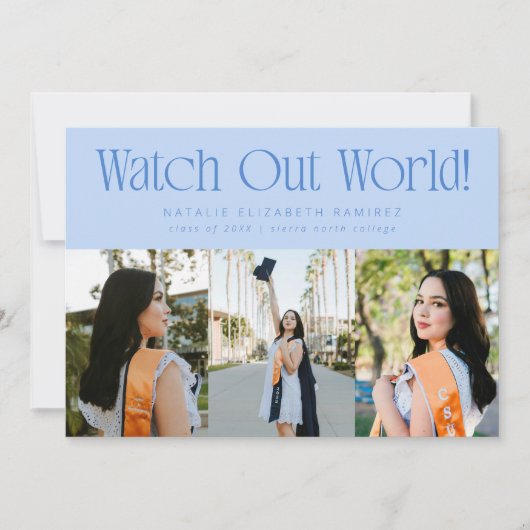 Watch Out World Multi Photo Icy Blue Graduation Aankondiging (Voorkant)