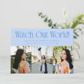 Watch Out World Multi Photo Icy Blue Graduation Aankondiging (Staand voorkant)