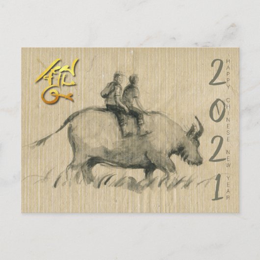 Water Buffalo Kinderen Chinees Ox Jaar 2021 PostC Briefkaart (Voorkant)