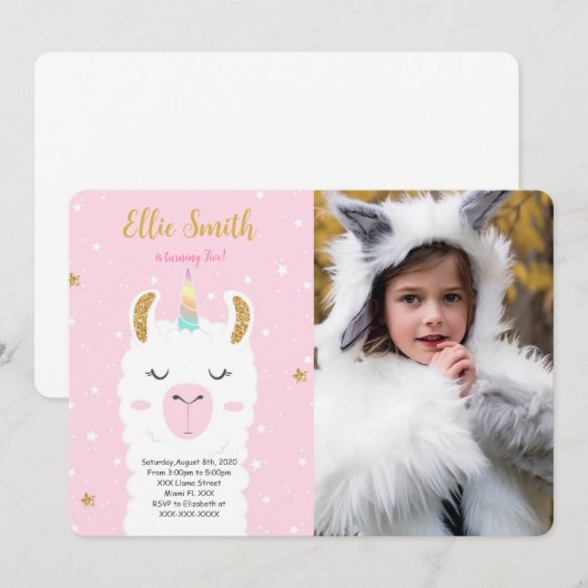Water Color Llama Photo Invitation (Devant / Derrière)