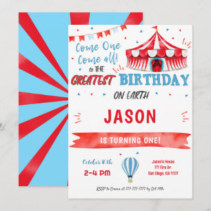 Water Color Red & Blue Circus Invitation