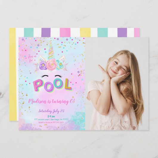 Water Color Unicorn & Pool Photo Invitation (Devant / Derrière)