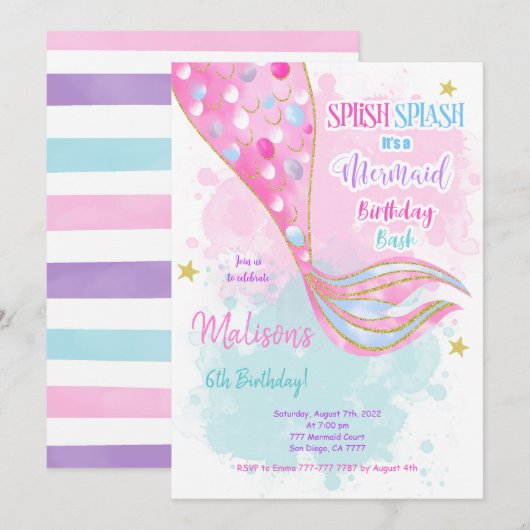 Water Color Zeemeermin Kinderen Uitnodiging (Voorkant / Achterkant)