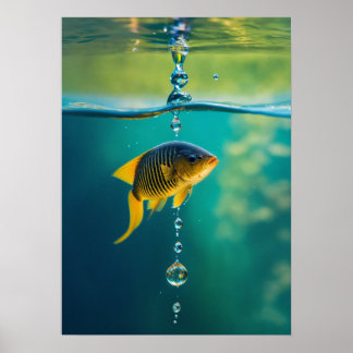 Water Drop Transformeert In Duikende Vissen Met Ee Poster