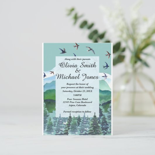 Water kleur bergen en bomen bruiloft uitnodiging (Staand voorkant)