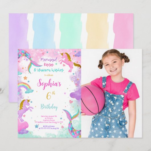 Water Kleur Eenhoorn Foto uitnodiging (Voorkant / Achterkant)