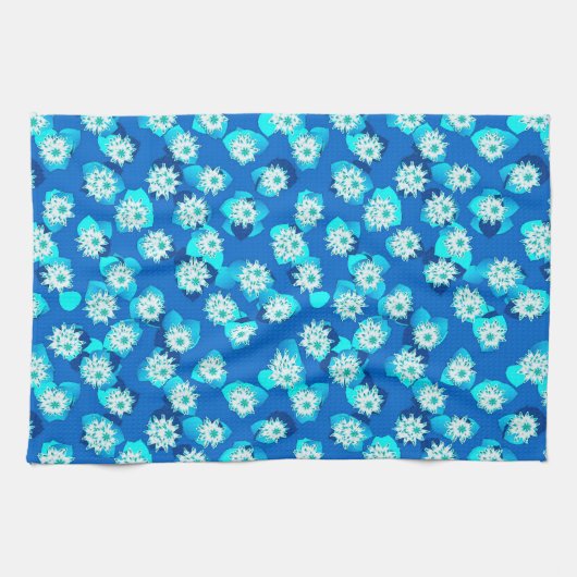 Water Lily Pattern, Turquoise, Blue and White Theedoek (Horizontaal)