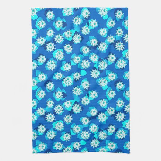 Water Lily Pattern, Turquoise, Blue and White Theedoek (Verticaal)