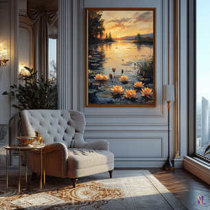 Water Lily Pond bij zonsondergang in impressionist Poster