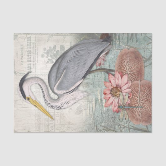 Water Lily Pond Grey Heron ontkoppelingskunst Tissuepapier (Voorkant)