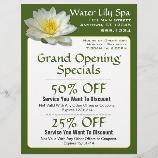 Water Lily Spa Coupon Flyer (Voorkant)