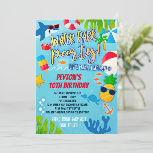Water Park Verjaardag uitnodiging voor jongens en  (Staand voorkant)