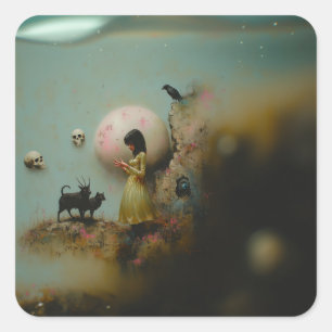 Water Priestess Raven Occult Dark Witchy AI Art Vierkante Sticker