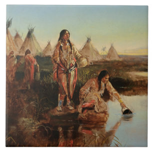 “Water voor het kamp” Cowboy Kunst van Charles Rus Tegeltje