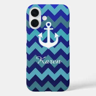 waterblauwe zweeflijnen, anker & naam iPhone 16 hoesje