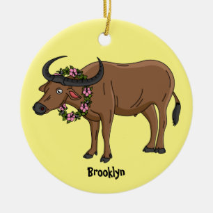Waterbuffel met cartoon van bloemen keramisch ornament