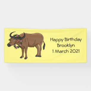Waterbuffel met cartoon van bloemen spandoek