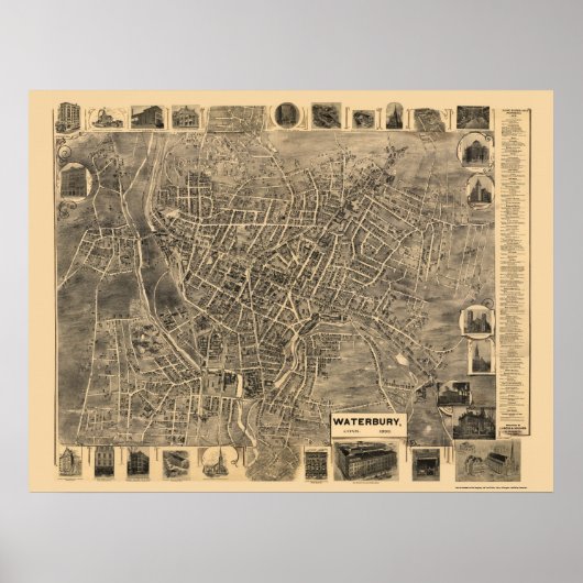 Waterbury, CT Panoramic Map - 1899 Poster (Voorkant)