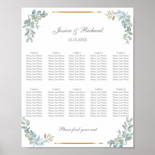 Watercolor 10 Tafels Stoelindeling Poster Bord (Voorkant)