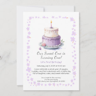 Watercolor 1e verjaardagsuitnodiging met lila cake kaart