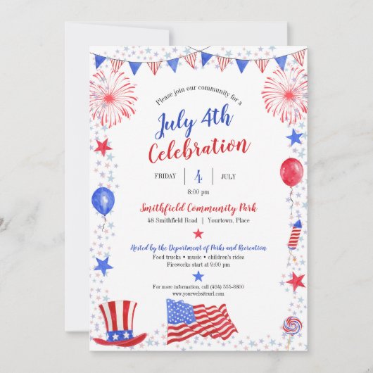 Watercolor 4 juli Onafhankelijkheidsdag Feest Aankondiging (Voorkant)