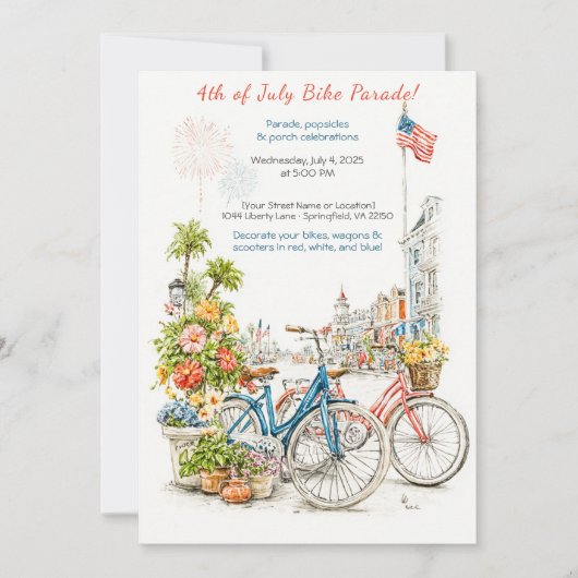 Watercolor 4th of July Bike Parade Invitation  (Devant)