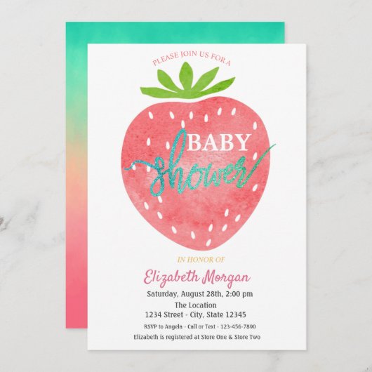 Watercolor Aardbei Baby Shower Kaart (Voorkant / Achterkant)