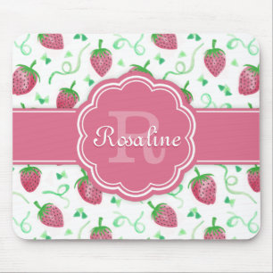 Watercolor Aardbei Patroon met Monogram Muismat