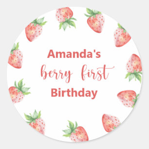 Watercolor aardbeien 1e verjaardagsfeestje ronde sticker
