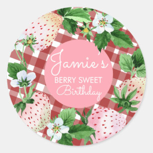 Watercolor Aardbeien Eerste Verjaardag Plaid B Ronde Sticker
