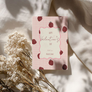 Watercolor Aardbeien op Roze Raster - Valentijn Feestdagenkaart