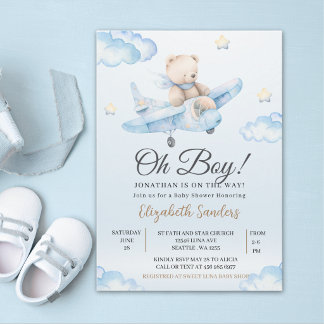 Watercolor Airplane Teddy Bear Baby Shower Kaart